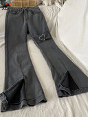 Κορεατική μόδα με φιόγκο με χωριστό φιόγκο τζιν για γυναίκες άνοιξη φθινόπωρο με ψηλόμεσο κουμπί Λεπτό ίσιο παντελόνι Casual σέξι παντελόνι Y2k