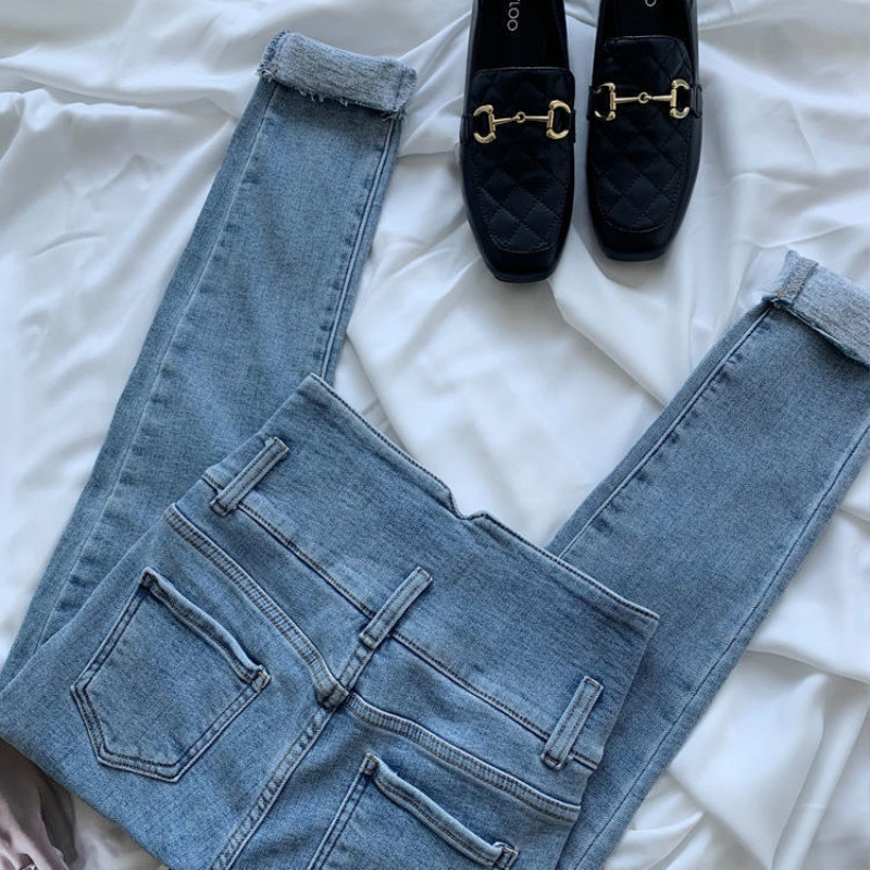 Elegantne šik ženske uske traperice Ležerne modne pentil hlače visokog struka Elastične uske traper rastezljive hlače u uličnom stilu L04