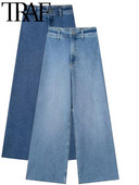 Γυναικεία τζιν TRAF 2023 Φθινοπωρινό ψηλόμεσο ακατέργαστο παντελόνι τζιν σε όλο το μήκος Γυναικείο casual παντελόνι Y2K