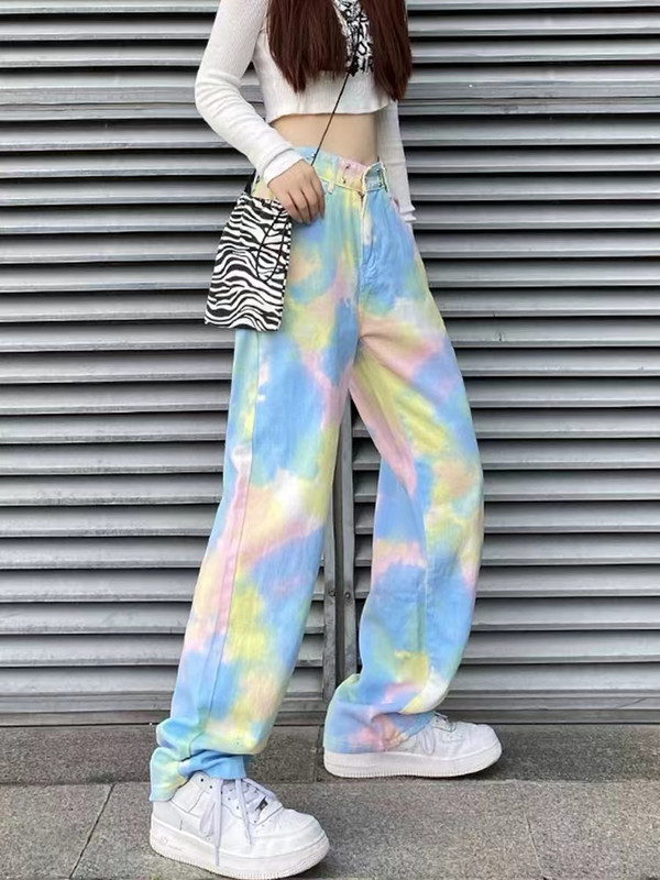 Ženske ležerne tanke traperice visokog struka, najlonke s ravnim hlačama, duga, ružičaste, hlače širokih nogavica, Nova moda, Sto, 2023.