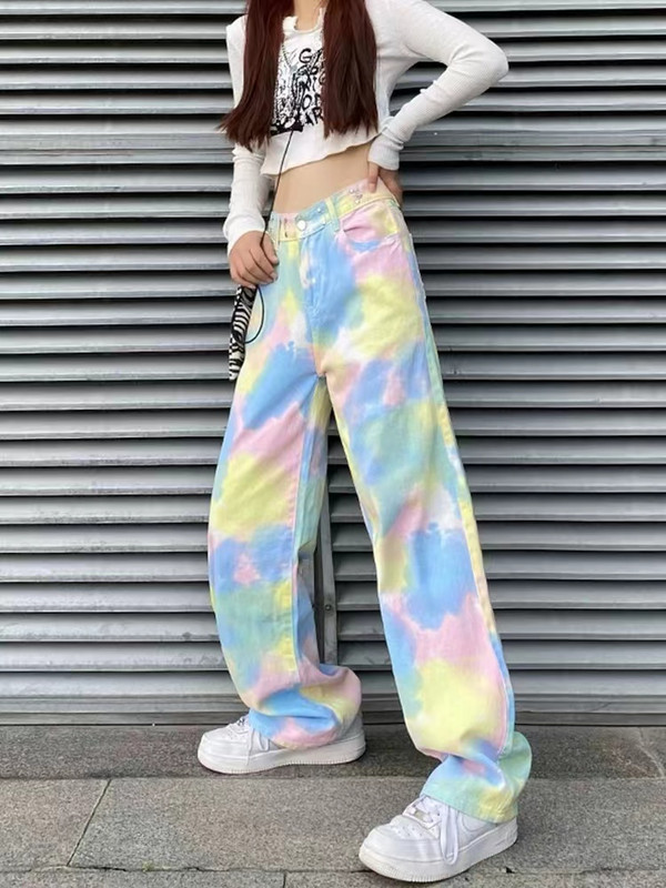 Ženske ležerne tanke traperice visokog struka, najlonke s ravnim hlačama, duga, ružičaste, hlače širokih nogavica, Nova moda, Sto, 2023.