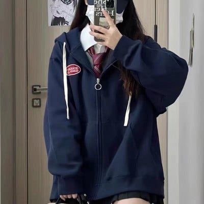 QWEEK Vintage Y2k ar rāvējslēdzēju uz augšu kapuce Sieviešu korejiešu Preppy Style Oversize džemperis Harajuku Streetwear Hoodies Rudens mētelis meitenēm