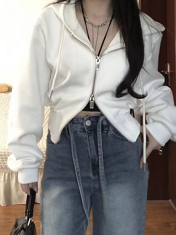 2023 Korejski ženski Y2K High Street bijeli pulover s patentnim zatvaračem Hoodies Streetwear Dizajn jednostavne osnovne modne majice jesen zima