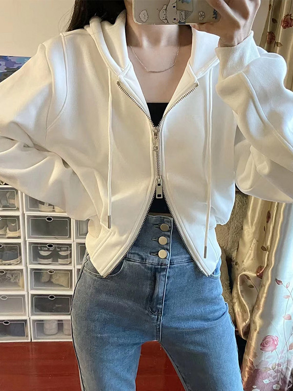 2023 Korejski ženski Y2K High Street bijeli pulover s patentnim zatvaračem Hoodies Streetwear Dizajn jednostavne osnovne modne majice jesen zima