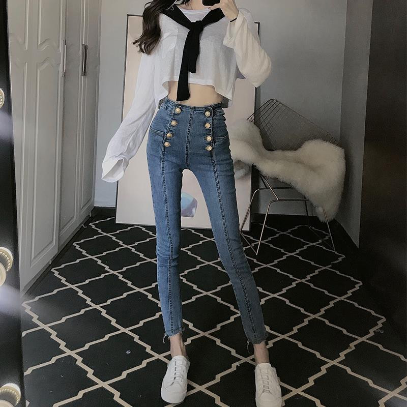 2023 Vintage uske hlače s dvostrukim kopčanjem Ženske pencil traperice visokog struka, rastezljive uske traper hlače pune dužine L17