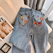 Vintage κέντημα λουλουδιών Παντελόνι με φαρδύ πόδι Τζιν Washed Blue Γυναικείες σκισμένες λευκές λεπτές τσέπες τζιν παντελόνι Παντελόνι μέχρι τον αστράγαλο