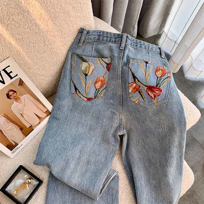 Vintage κέντημα λουλουδιών Παντελόνι με φαρδύ πόδι Τζιν Washed Blue Γυναικείες σκισμένες λευκές λεπτές τσέπες τζιν παντελόνι Παντελόνι μέχρι τον αστράγαλο