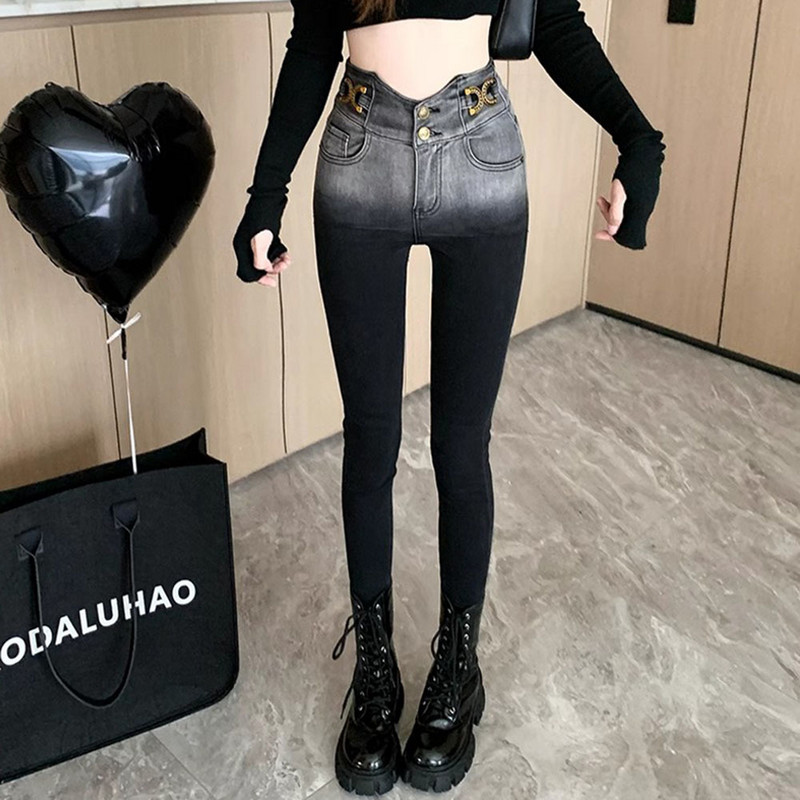 Gradient μαύρο ψηλόμεσο τζιν για γυναίκες 2023 φθινοπωρινό λεπτό στενό στενό μολύβι τζιν παντελόνι Y2k Streetwear Γυναικείο casual παντελόνι