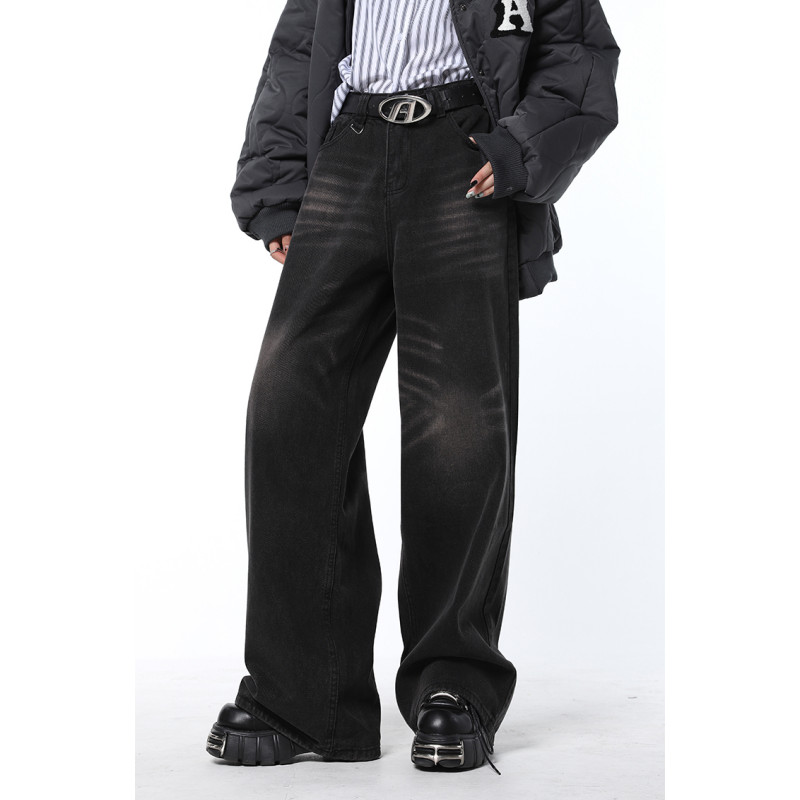 Vintage μαύρο ψηλόμεσο γυναικείο τζιν Αμερικανική μόδα Streetwear φαρδύ πόδι Jean γυναικείο τζιν παντελόνι ίσιο τζιν παντελόνι