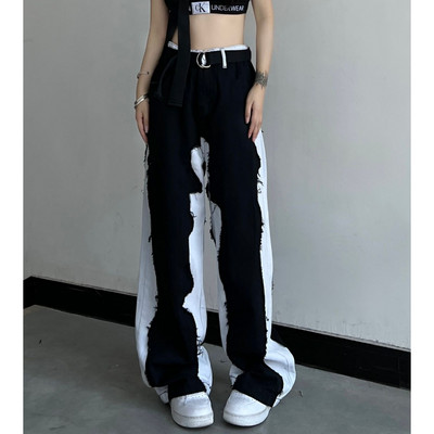 Y2k Vintage Ženske traperice sa spajanjem Streetwear Fashion Cootrast Colour Pants Oversize Opuštene ležerne ravne široke hlače 2023.