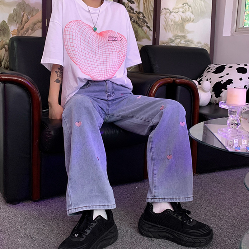 GJBD Ženske traperice Vintage Ulična odjeća s vezom u obliku srca visokog struka Hlače širokih nogavica Baggy Harajuku ravne traper hlače