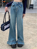Harajuku Fashion Plus Size Ruffle Flared Jeans για Γυναικεία Ανοιξιάτικο φθινόπωρο με κουμπιά φαρδύ παντελόνι με ψηλή μέση Παντελόνι τζιν Kawaii