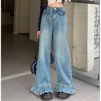 Harajuku Fashion Plus Size Ruffle Flared Jeans για Γυναικεία Ανοιξιάτικο φθινόπωρο με κουμπιά φαρδύ παντελόνι με ψηλή μέση Παντελόνι τζιν Kawaii