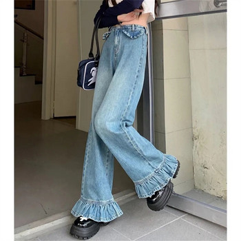 Harajuku Fashion Plus Size Ruffle Flared Jeans για Γυναικεία Ανοιξιάτικο φθινόπωρο με κουμπιά φαρδύ παντελόνι με ψηλή μέση Παντελόνι τζιν Kawaii