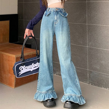 Harajuku Fashion Plus Size Ruffle Flared Jeans για Γυναικεία Ανοιξιάτικο φθινόπωρο με κουμπιά φαρδύ παντελόνι με ψηλή μέση Παντελόνι τζιν Kawaii