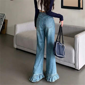 Harajuku Fashion Plus Size Ruffle Flared Jeans για Γυναικεία Ανοιξιάτικο φθινόπωρο με κουμπιά φαρδύ παντελόνι με ψηλή μέση Παντελόνι τζιν Kawaii