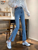 Vintage Ψηλόμεση Κουμπί ελαστικό σπαστό τζιν Άνοιξη Φθινόπωρο Μονόχρωμο Λεπτό ίσιο παντελόνι Streetwear Γυναικεία Casual Jean