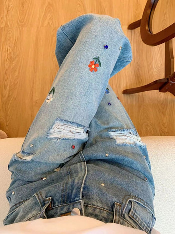 High Street Flower Ebroidery Broken Hole Straight Tube Jeans Γυναικείο Καλοκαιρινό Νέο Στιλ Χάντρες Χαλαρό, λεπτό παντελόνι δαπέδου