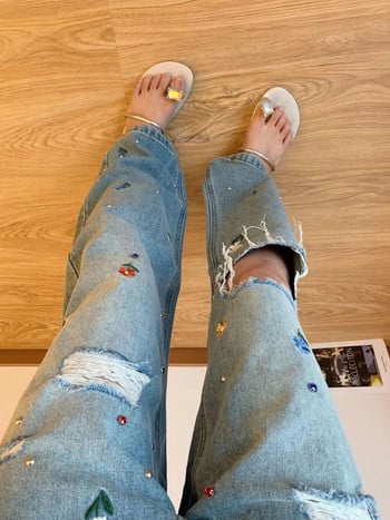 High Street Flower Ebroidery Broken Hole Straight Tube Jeans Γυναικείο Καλοκαιρινό Νέο Στιλ Χάντρες Χαλαρό, λεπτό παντελόνι δαπέδου