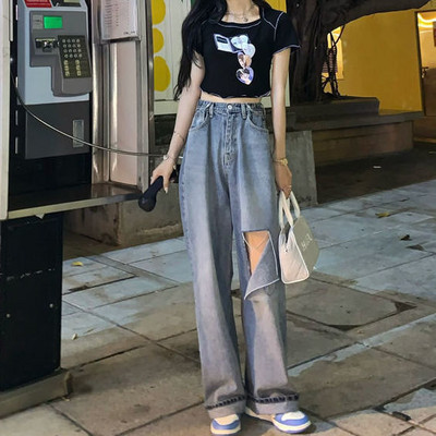 High Street Flower Ebroidery Broken Hole Straight Tube Jeans Γυναικείο Καλοκαιρινό Νέο Στιλ Χάντρες Χαλαρό, λεπτό παντελόνι δαπέδου