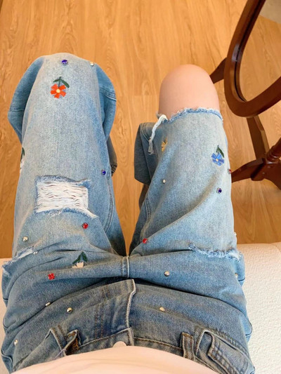 High Street Flower Ebroidery Broken Hole Straight Tube Jeans Γυναικείο Καλοκαιρινό Νέο Στιλ Χάντρες Χαλαρό, λεπτό παντελόνι δαπέδου