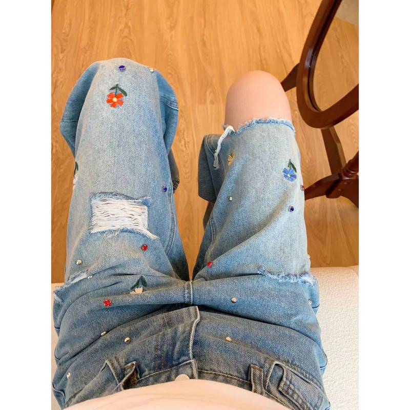 High Street Flower Ebroidery Broken Hole Straight Tube Jeans Γυναικείο Καλοκαιρινό Νέο Στιλ Χάντρες Χαλαρό, λεπτό παντελόνι δαπέδου