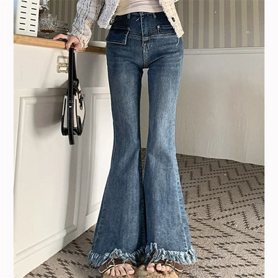 Ανοιξιάτικη φθινοπωρινή φούντα ελαστική Do Old Straight Jeans για Γυναικείες Vintage Ψηλόμεσο τζιν παντελόνι Streetwear Loose Flared Jeans