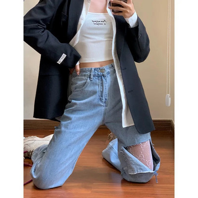 Ανοιξιάτικη φθινοπωρινή φούντα ελαστική Do Old Straight Jeans για Γυναικείες Vintage Ψηλόμεσο τζιν παντελόνι Streetwear Loose Flared Jeans