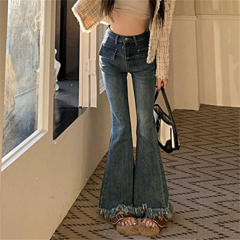 Ανοιξιάτικη φθινοπωρινή φούντα ελαστική Do Old Straight Jeans για Γυναικείες Vintage Ψηλόμεσο τζιν παντελόνι Streetwear Loose Flared Jeans