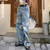 Lilletrükiga kottis teksad Naiste vintage tänavarõivad teksapüksid naiste Kpop ülisuured lahtised Y2K grunge laia säärega püksid 2023