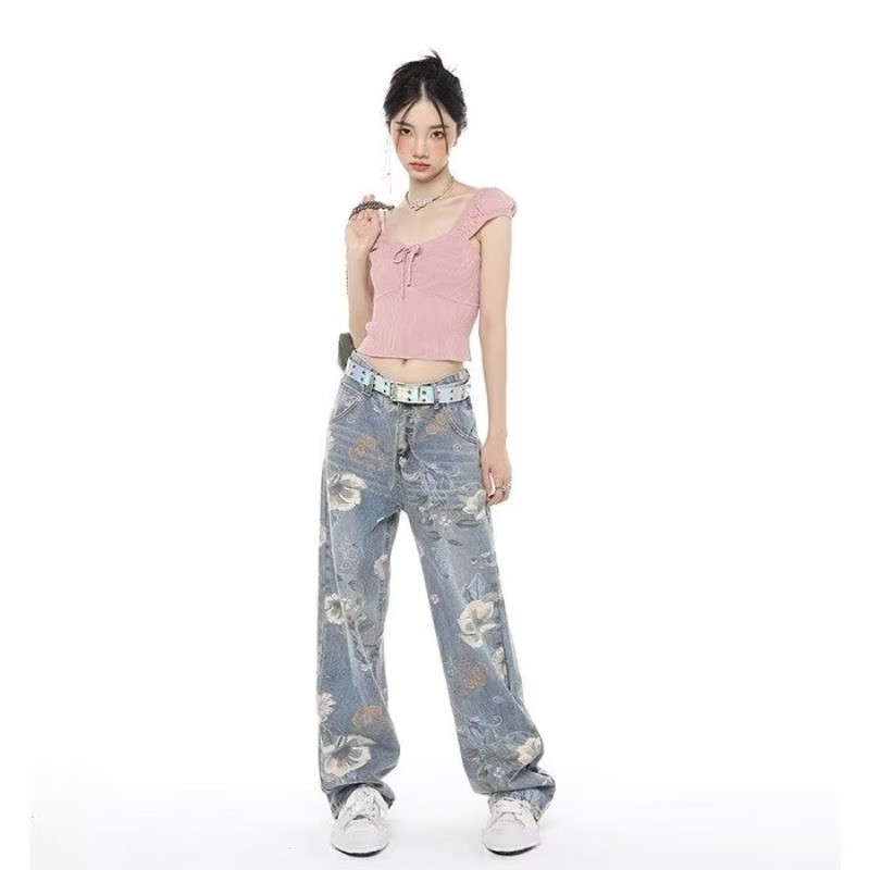 Lilletrükiga kottis teksad Naiste vintage tänavarõivad teksapüksid naiste Kpop ülisuured lahtised Y2K grunge laia säärega püksid 2023