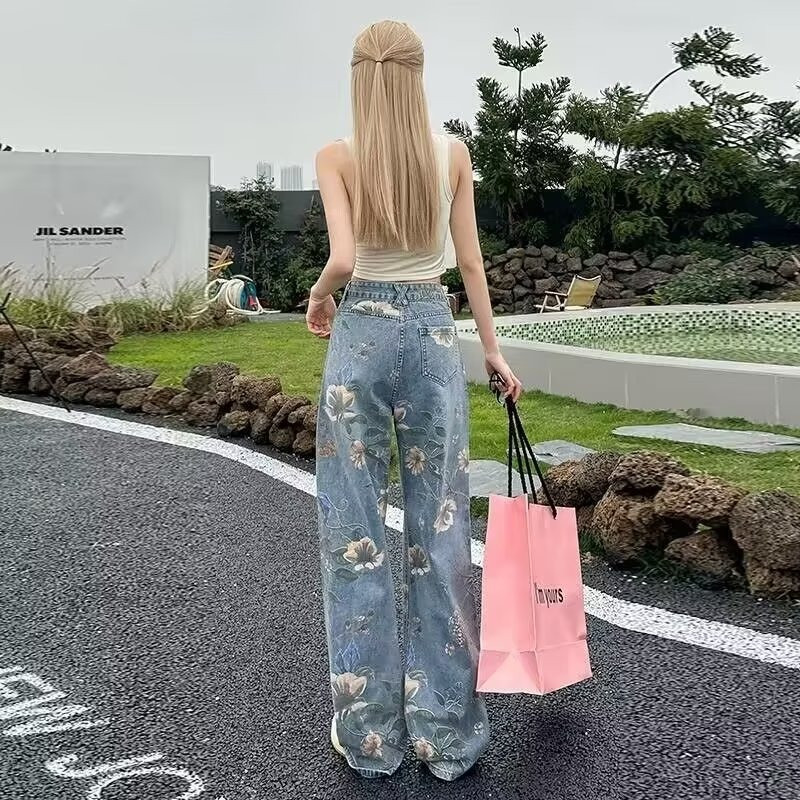 Lilletrükiga kottis teksad Naiste vintage tänavarõivad teksapüksid naiste Kpop ülisuured lahtised Y2K grunge laia säärega püksid 2023