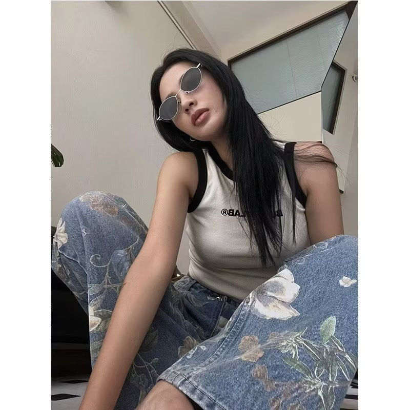 Lilletrükiga kottis teksad Naiste vintage tänavarõivad teksapüksid naiste Kpop ülisuured lahtised Y2K grunge laia säärega püksid 2023