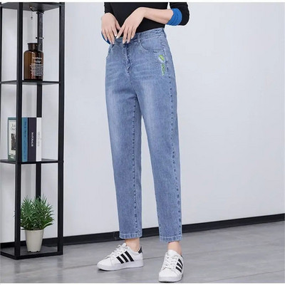 Pantaloni elastici rupti brodați de primăvară, toamnă, pentru femei, Harajuku, la modă, cu talie înaltă, pantaloni Pencli denim, pantaloni simpli asortați