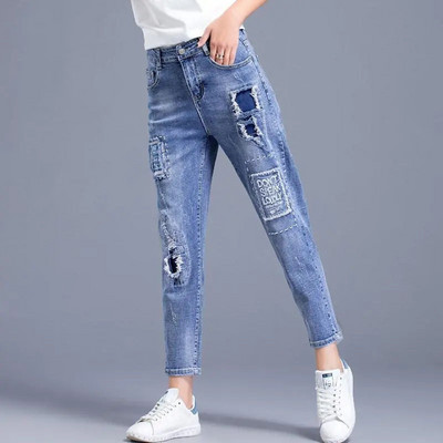 Pantaloni elastici rupti brodați de primăvară, toamnă, pentru femei, Harajuku, la modă, cu talie înaltă, pantaloni Pencli denim, pantaloni simpli asortați