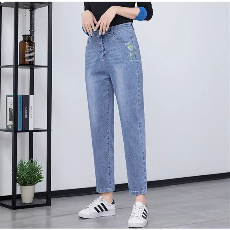 Pantaloni elastici rupti brodați de primăvară, toamnă, pentru femei, Harajuku, la modă, cu talie înaltă, pantaloni Pencli denim, pantaloni simpli asortați