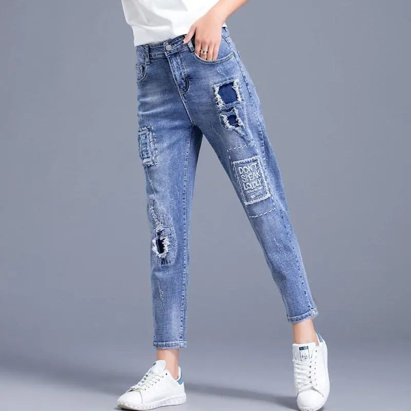 Pantaloni elastici rupti brodați de primăvară, toamnă, pentru femei, Harajuku, la modă, cu talie înaltă, pantaloni Pencli denim, pantaloni simpli asortați