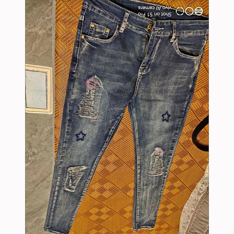 Pantaloni elastici rupti brodați de primăvară, toamnă, pentru femei, Harajuku, la modă, cu talie înaltă, pantaloni Pencli denim, pantaloni simpli asortați