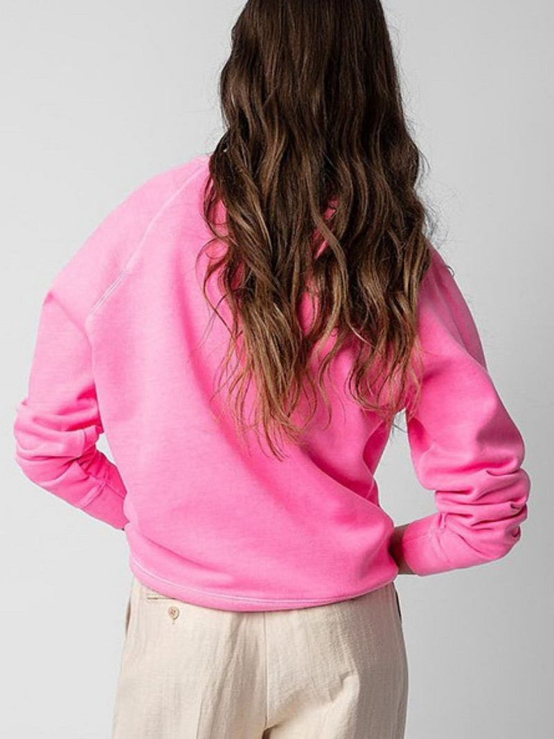 Nova ženska majica s izvezenim slovom, ružičasti puloveri s dugim rukavima i O-izrezom iz 2023.