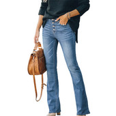 Ženske nove rastezljive lepršave traperice srednjeg struka s četiri gumba, elegantne, udobne traper hlače Ženske perive hlače