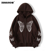 XUANSHOW Φθινοπωρινό χειμωνιάτικο γυναικείο φούτερ με φερμουάρ με κουκούλα Butterfly Loose Zipper Μπροστινή τσέπη Casual Streetwear με κουκούλα μπουφάν