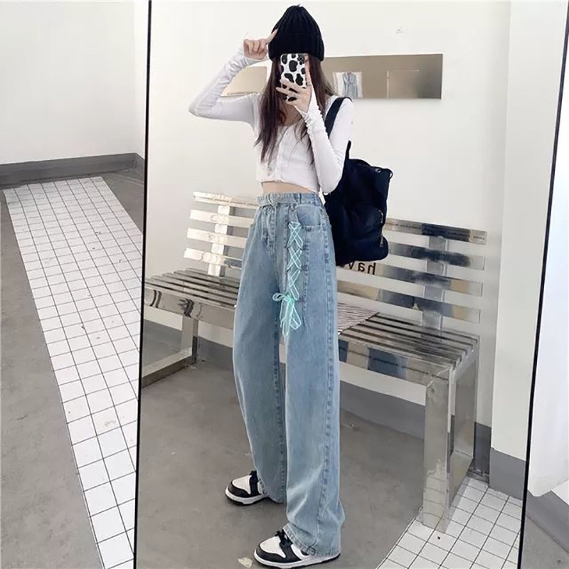 Κορεάτικο στυλ δέσιμο φαρδύ τζιν για γυναίκες Καλοκαιρινό παντελόνι μετακίνησης Y2k Streetwear Ψηλόμεση Φαρδύ πόδι Γυναικείο παντελόνι