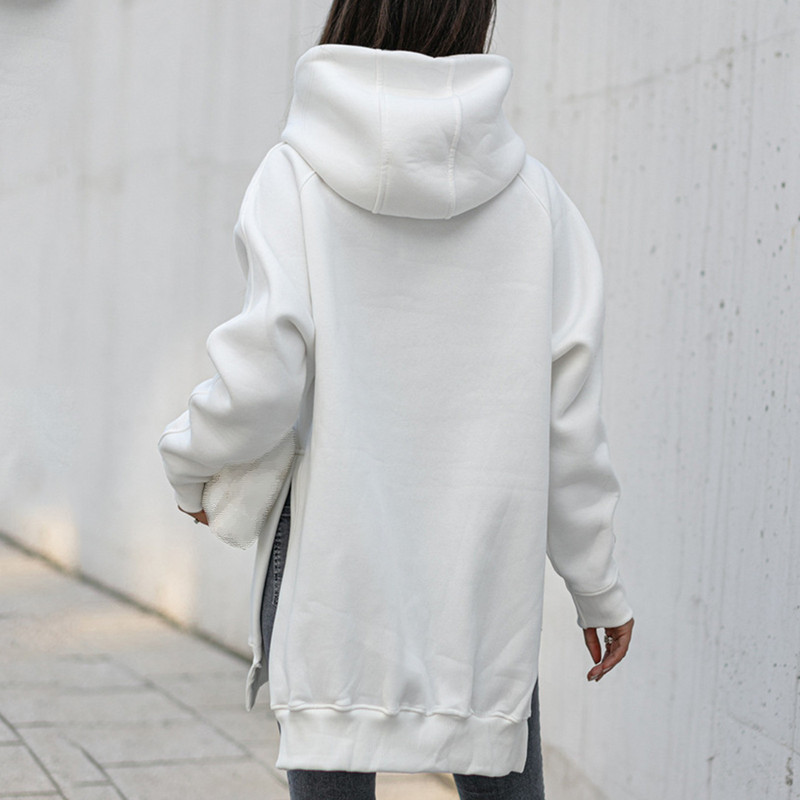 Jednobojna duga slobodna majica s kapuljačom i prorezom na porubu Ženske ležerne modne majice s kapuljačom dugih rukava, kratki široki pulover