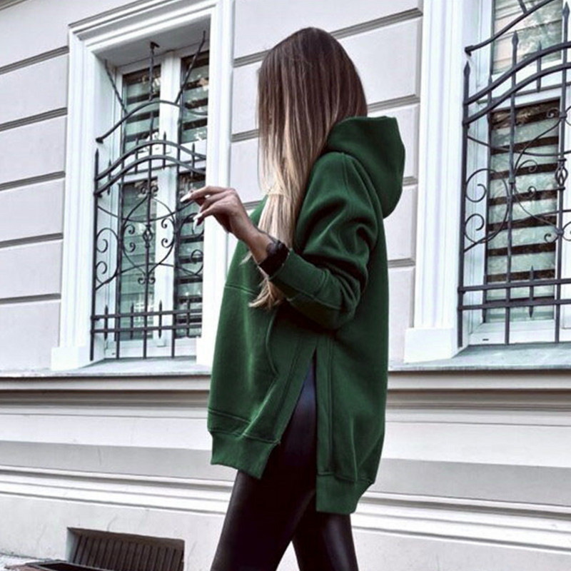 Jednobojna duga slobodna majica s kapuljačom i prorezom na porubu Ženske ležerne modne majice s kapuljačom dugih rukava, kratki široki pulover