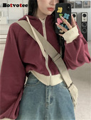 Botvotee Contrast Color Hoodies 2023 New Fashion Vintage Κορδόνι Σχέδιο Φαρδιά μακρυμάνικα Hoodies Casual Chic Παλτό με φερμουάρ