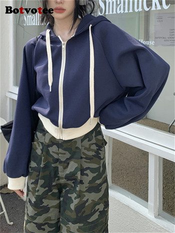 Botvotee Contrast Color Hoodies 2023 New Fashion Vintage Κορδόνι Σχέδιο Φαρδιά μακρυμάνικα Hoodies Casual Chic Παλτό με φερμουάρ