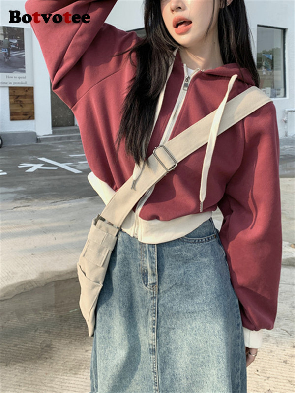 Botvotee Contrast Color Hoodies 2023 New Fashion Vintage Κορδόνι Σχέδιο Φαρδιά μακρυμάνικα Hoodies Casual Chic Παλτό με φερμουάρ