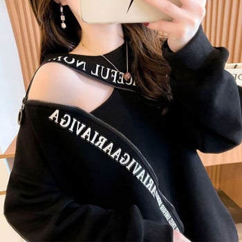 Letter Zipper Sexy Hollow Streetwear Harajuku Oversize Female Sweatshirt Есенна мода Ежедневен пуловер с дълъг ръкав Топ облекло