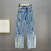 Rhinestone Jeans Γυναικείο παντελόνι με φαρδύ πόδι 2023 Άνοιξη Νέο ψηλόμεσο φαρδύ και αδυνατιστικό παντελόνι σφουγγαρίστρας Μοντέρνο παντελόνι