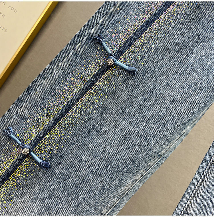 Rhinestone Jeans Γυναικείο παντελόνι με φαρδύ πόδι 2023 Άνοιξη Νέο ψηλόμεσο φαρδύ και αδυνατιστικό παντελόνι σφουγγαρίστρας Μοντέρνο παντελόνι